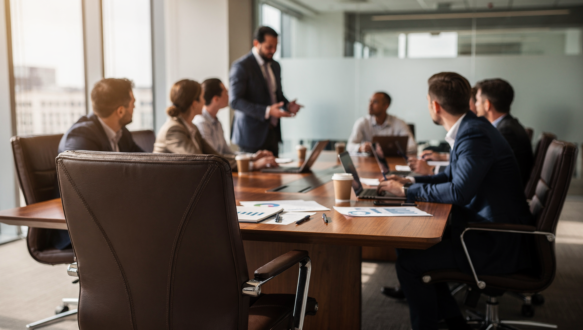 Business team in a meeting reviewing reports and discussing strategy, highlighting the challenge of turning discussion into effective decisions.